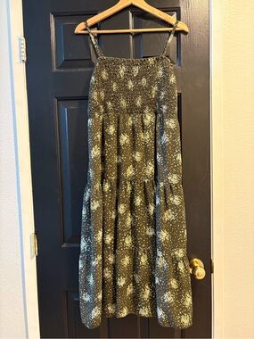 Olive Green Floral Tiered Midi Skirt Dress - Sleeveless